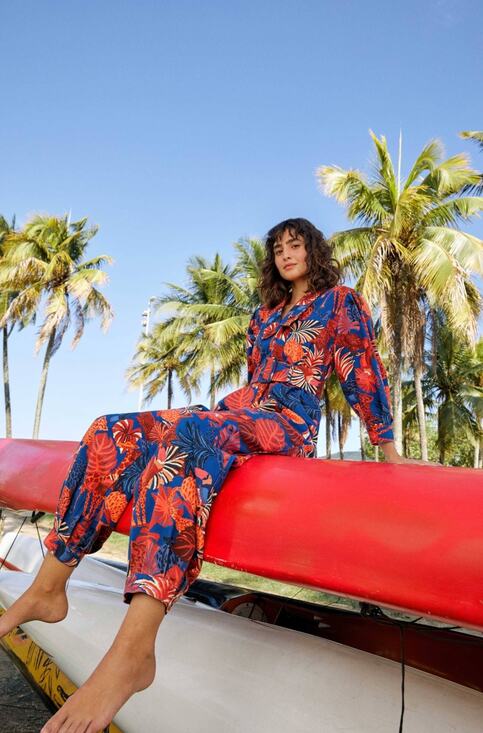 FARM Rio Pants - Farm Rio Navy Red Animals Tapestry Canvas Belted Jumpsuit Size Medium